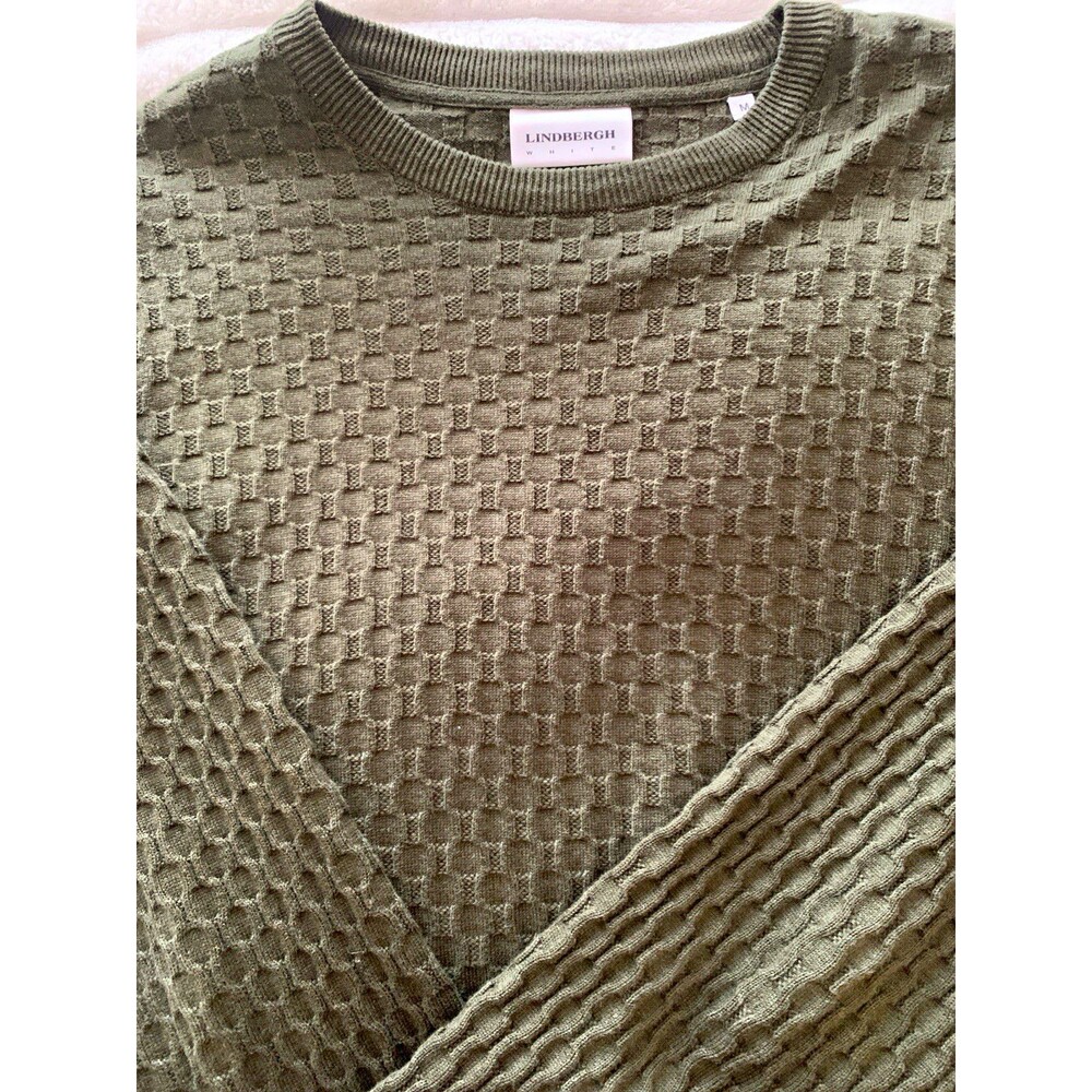 Lindbergh White Men's Green Waffle-Knit Textured Crewneck Pullover Sweater M
